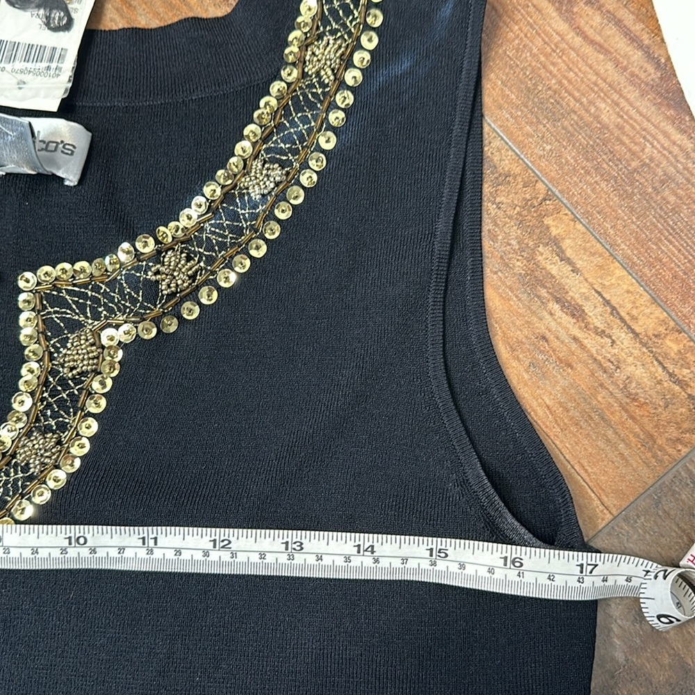 NWT CHICO’S SIZE 2 CLEOPATRA KNIT BLACK TANK TOP WITH GOLD SEQUIN NECK f10 - Picture 7 of 9